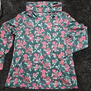 LL Bean Womens Cowl Neck Floral Top Size M Petite Green Pink Supima Cotton